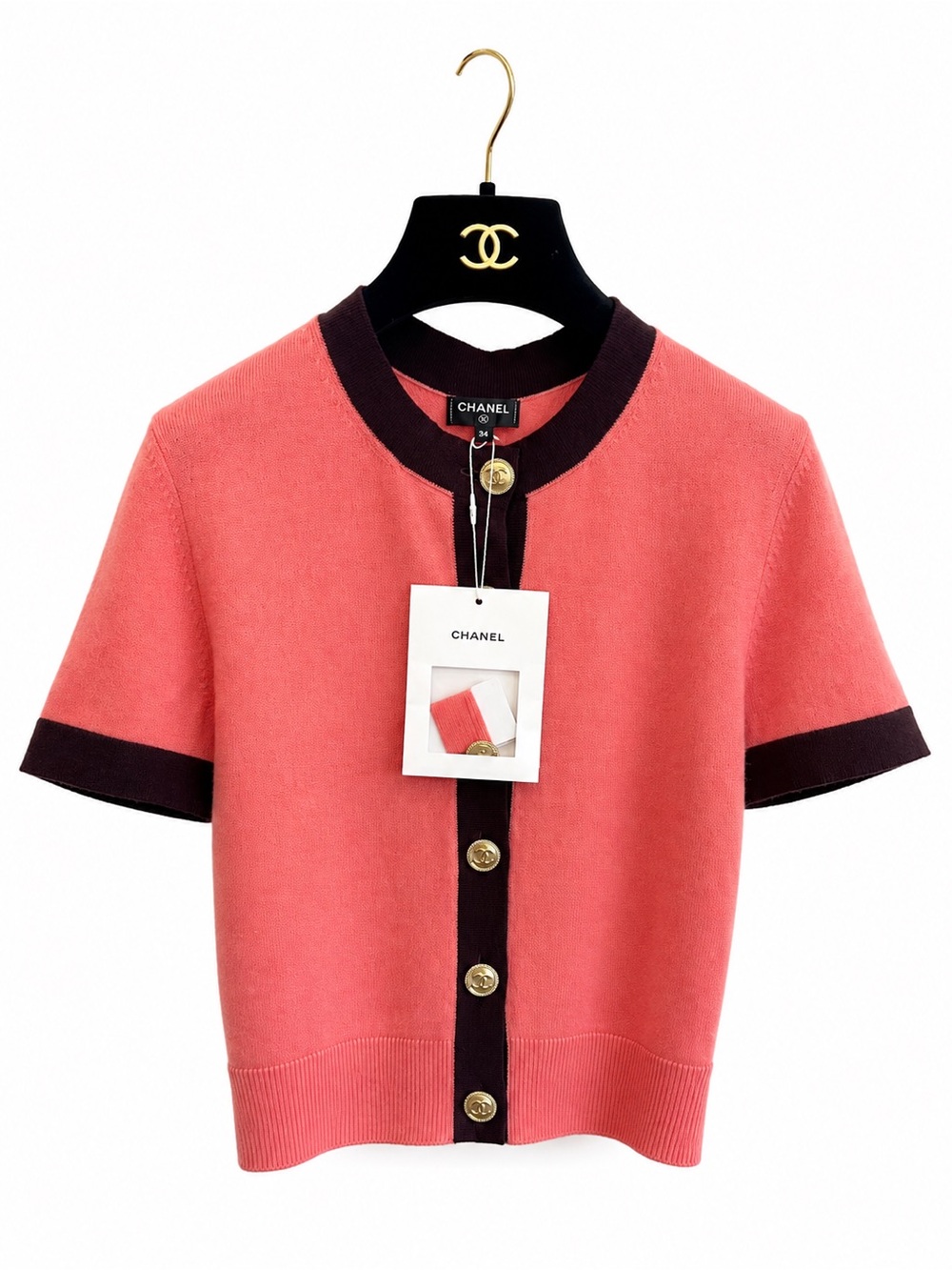 CHANEL Coral Pink and Dark Brown Short-Sleeve Button Down Top